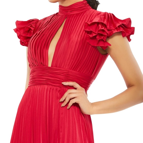 SOLD - High Neck Ruffle Sleeve Pleated Keyhole Gown - Picture 5 of 7